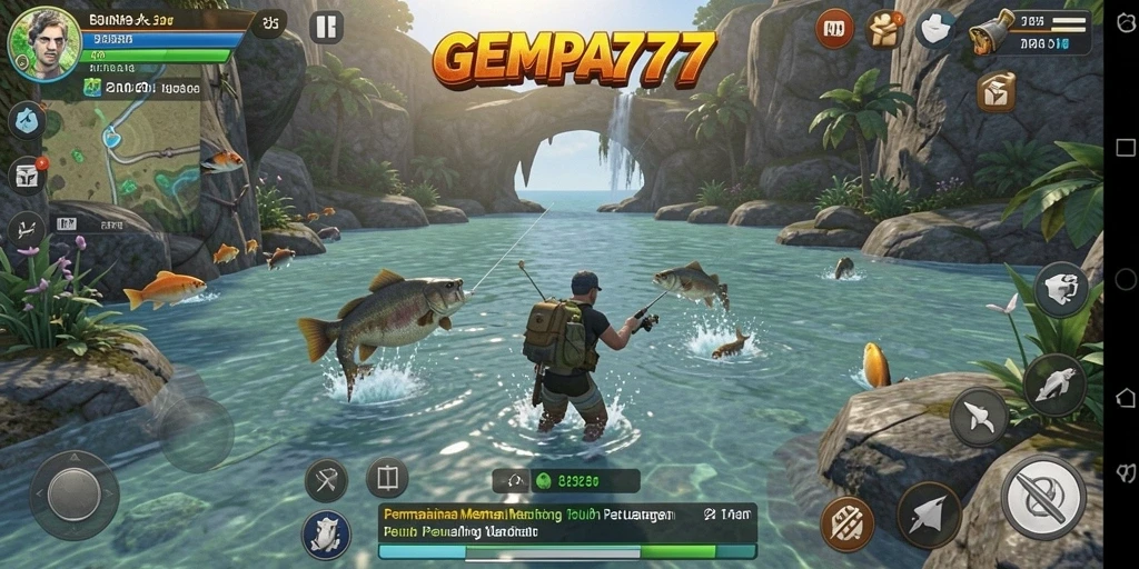Screenshot utama GEMPA777 menampilkan tampilan menakjubkan saat memancing di danau.