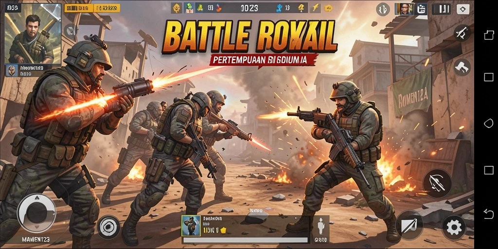 Screenshot gameplay MAMEN123 menampilkan aksi pertempuran Battle Royale yang seru.