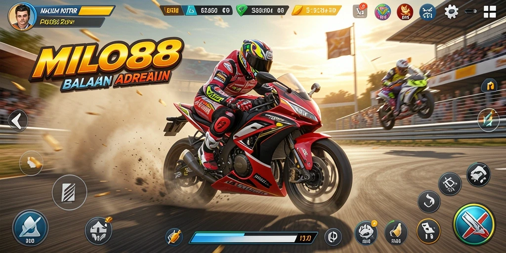 Tampilan gameplay MILO88 menampilkan balapan motor yang seru dan penuh aksi.