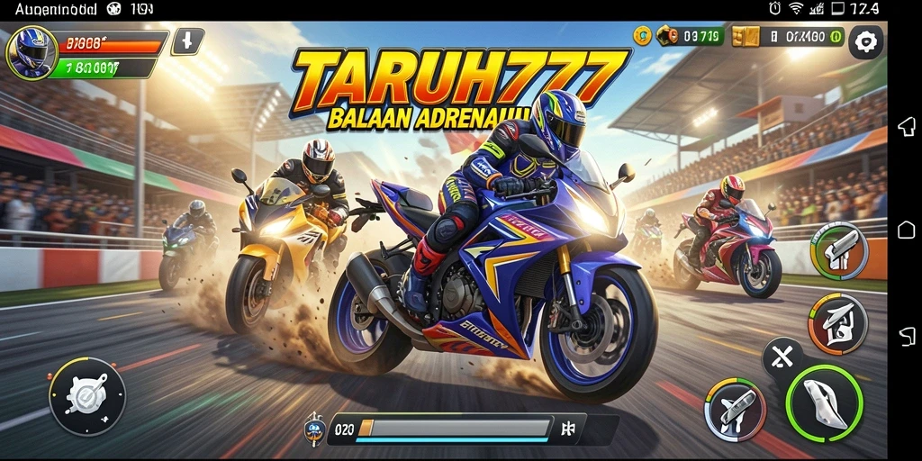 Screenshot permainan TARUH777 yang menampilkan balapan motor yang mendebarkan.